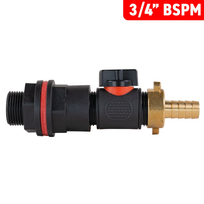 3/4" BSPM inline valve with 13mm brass barb, black fittings and red lever