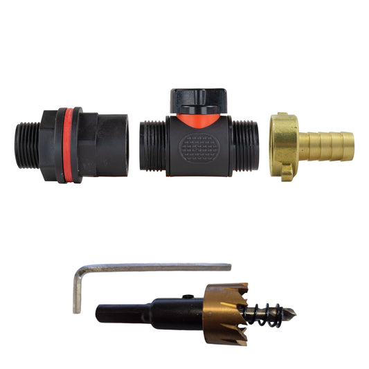 3/4" water butt kit with inline valve, 13mm brass barb, black/red connectors