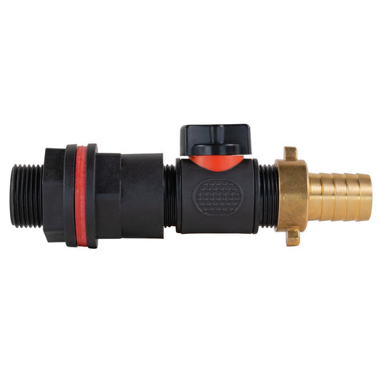 Water Butt Kit inline valve with red insert and 19mm brass barb on 3/4" connections