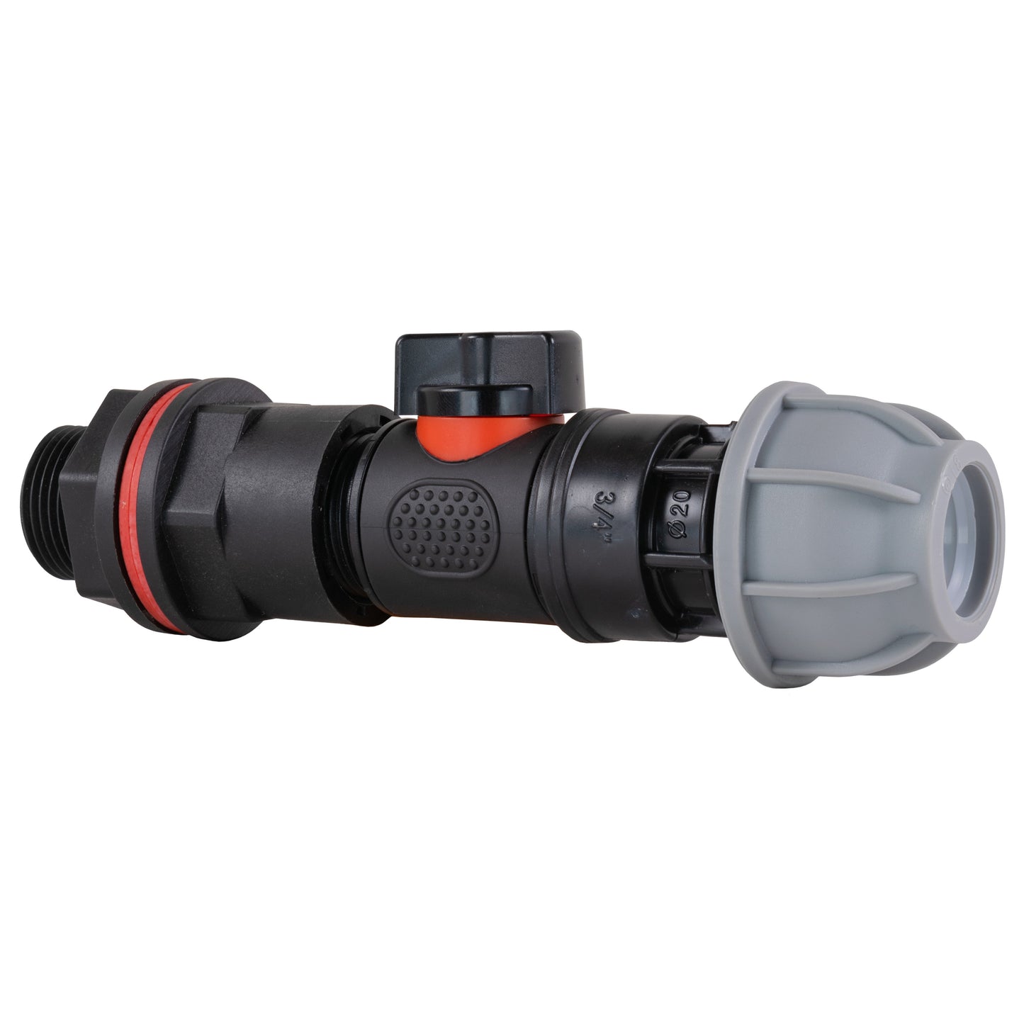 Inline valve fitting, black body with red seal ring and grey threaded outlet