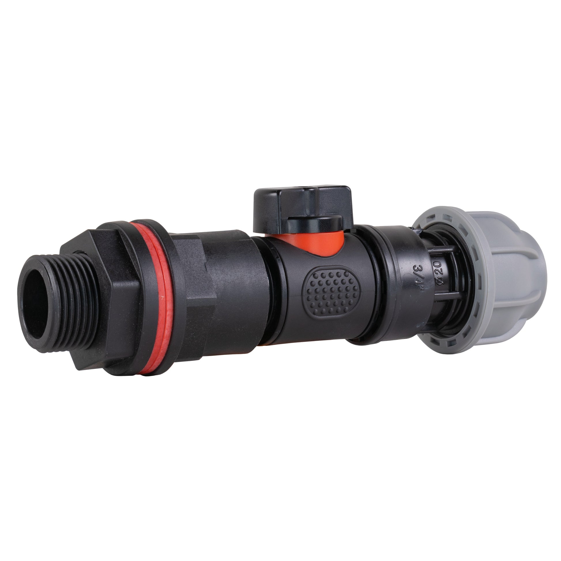 Water butt inline valve with grey connector end and black threaded inlet
