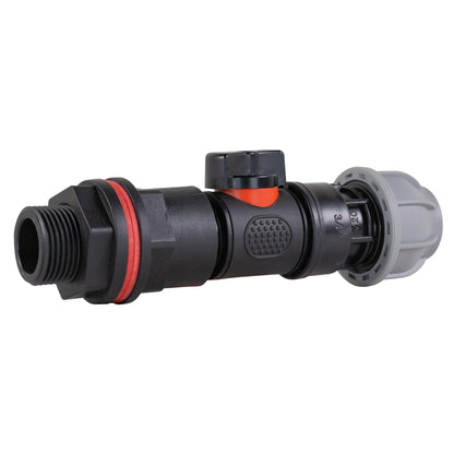 Water butt inline valve with grey connector end and black threaded inlet