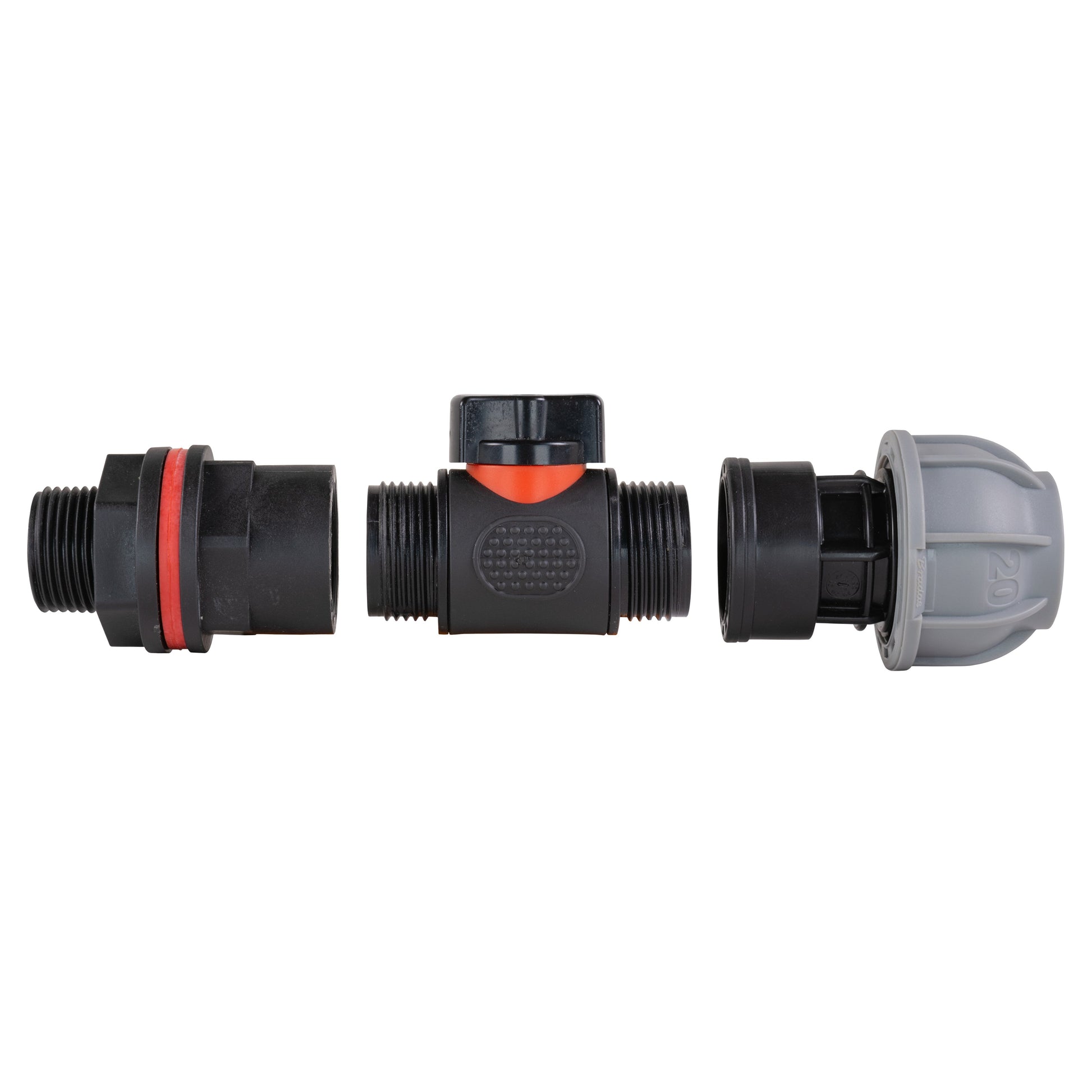 3/4" BSPM valve adapter, black housing with red sealing ring and grey inlet