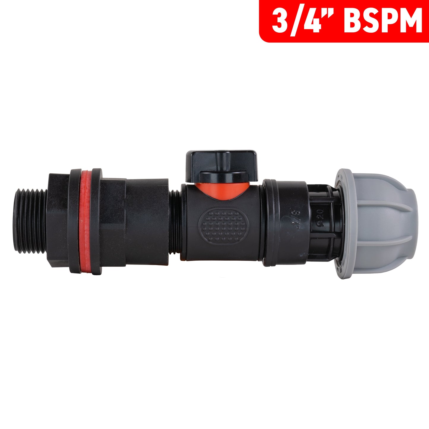 3/4" BSPM inline valve with 25mm MDPE joiner connector, black and grey