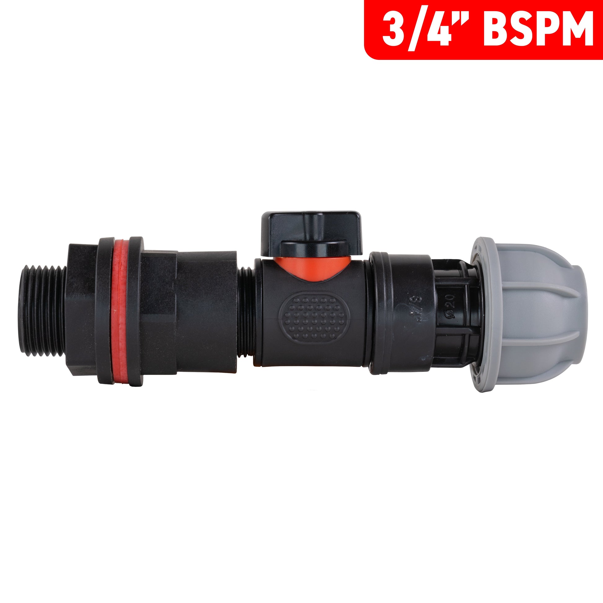 3/4" BSPM inline valve with 25mm MDPE joiner connector, black and grey