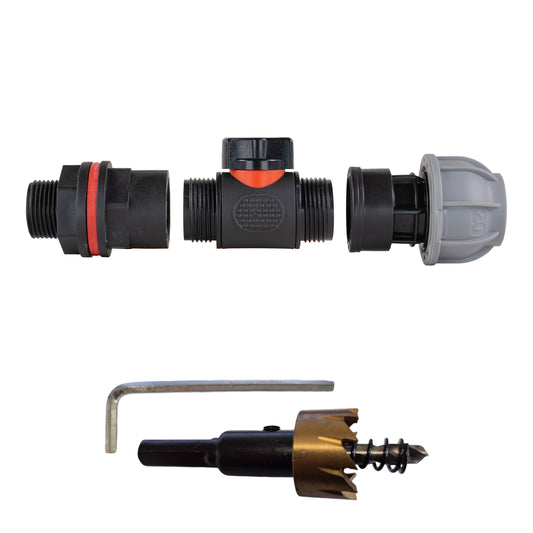 Inline water butt valve adapter with grey connector and black 3/4" threaded fittings