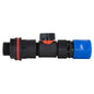 Water butt connector kit with inline valve and blue quick connector, black fittings