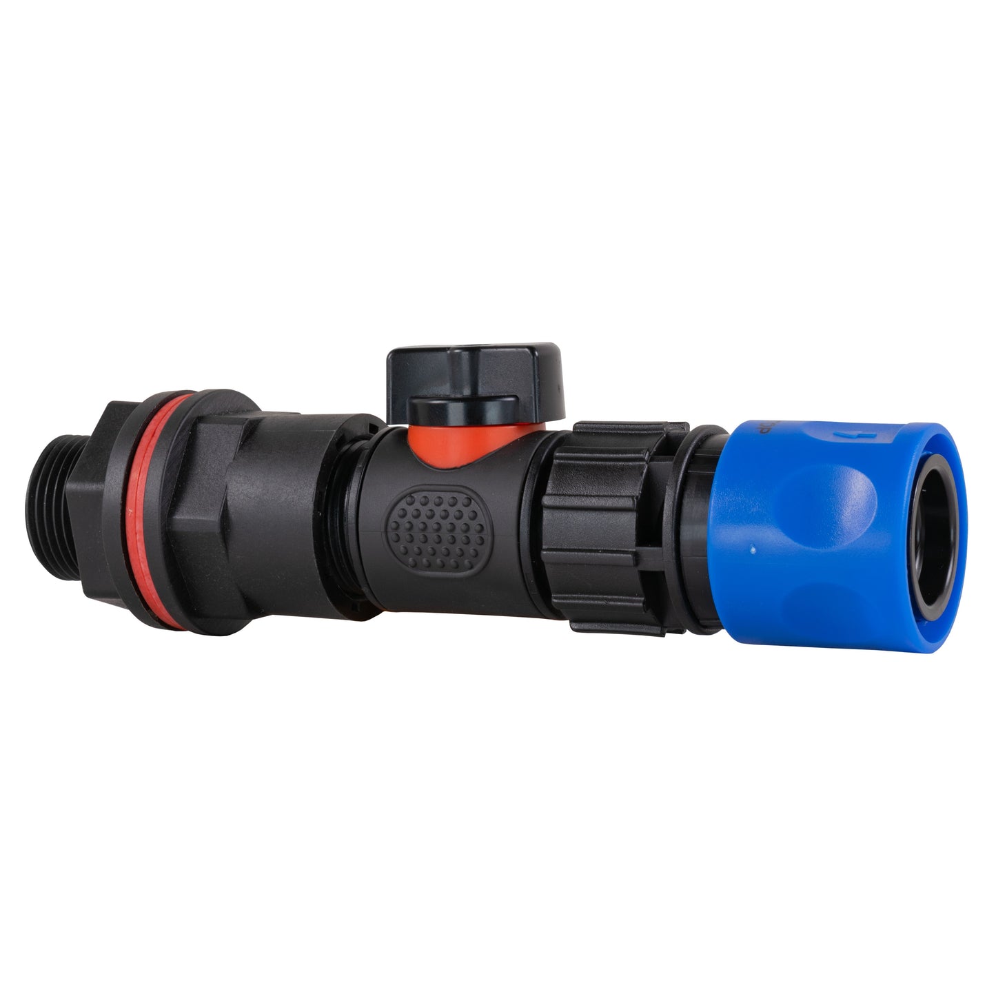 Inline valve section with red flow indicator and black connector ends