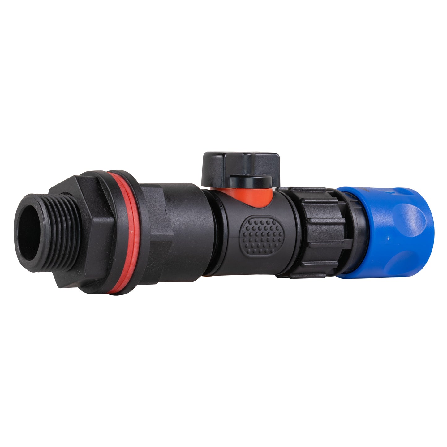 Quick connector end with blue housing and black threaded inlet
