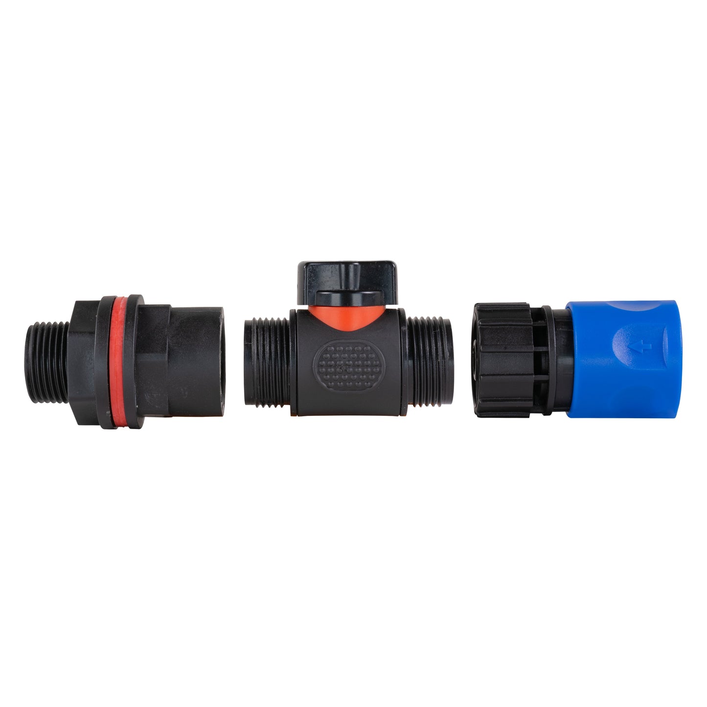 Connector kit overview: inline valve with red indicator, threaded ends, blue quick coupling