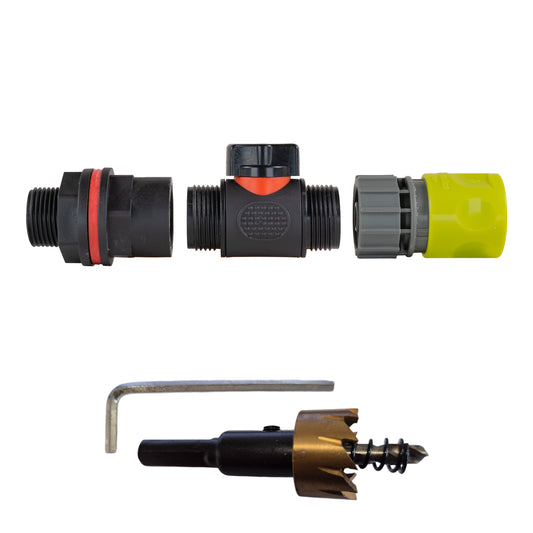 Water butt kit with inline valve, 3/4 in threads and lime female quick connector