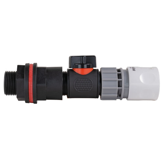 Water butt kit 3/4 in with inline valve and female quick connector, black/gray