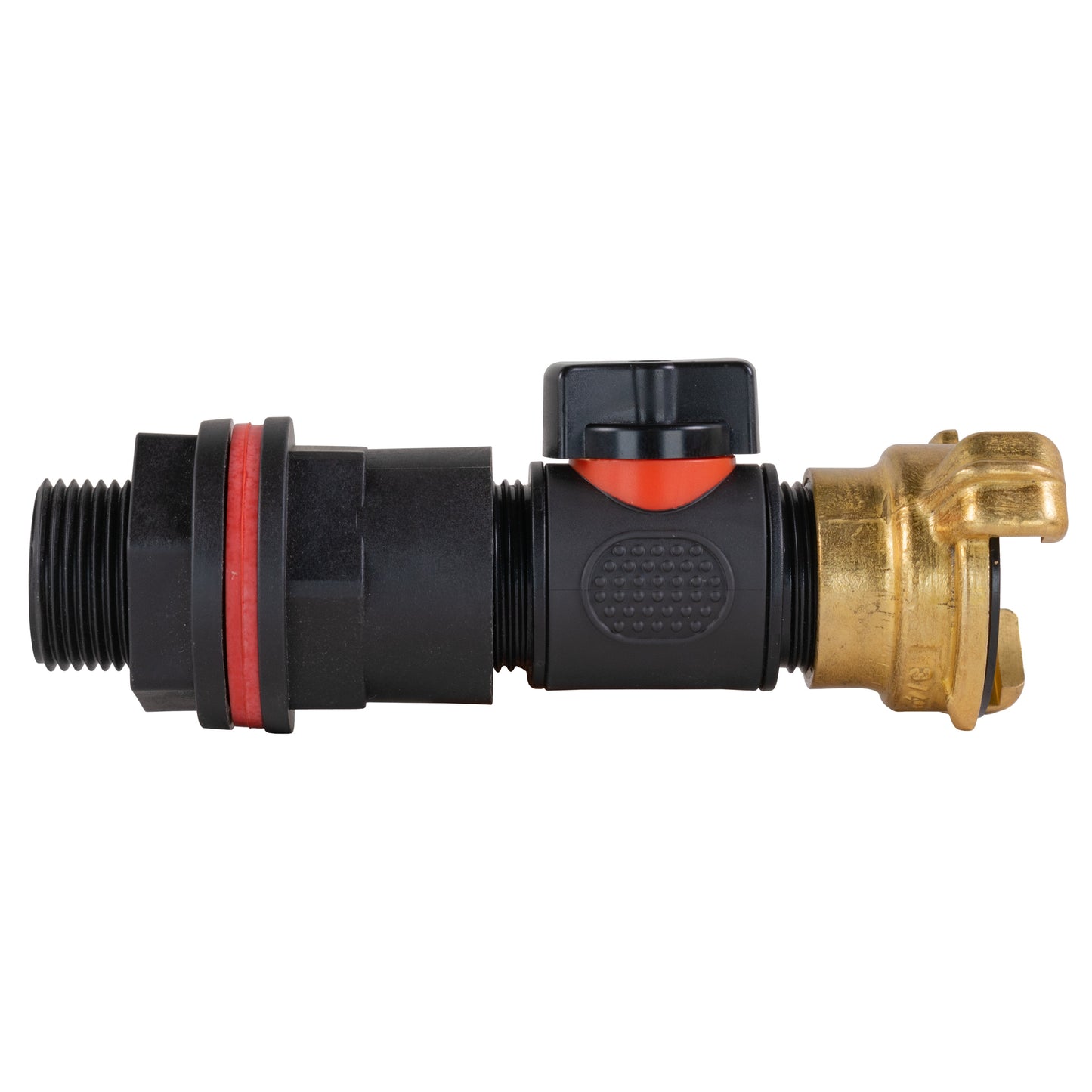 Black inline valve section with red ring and brass outlet fitting