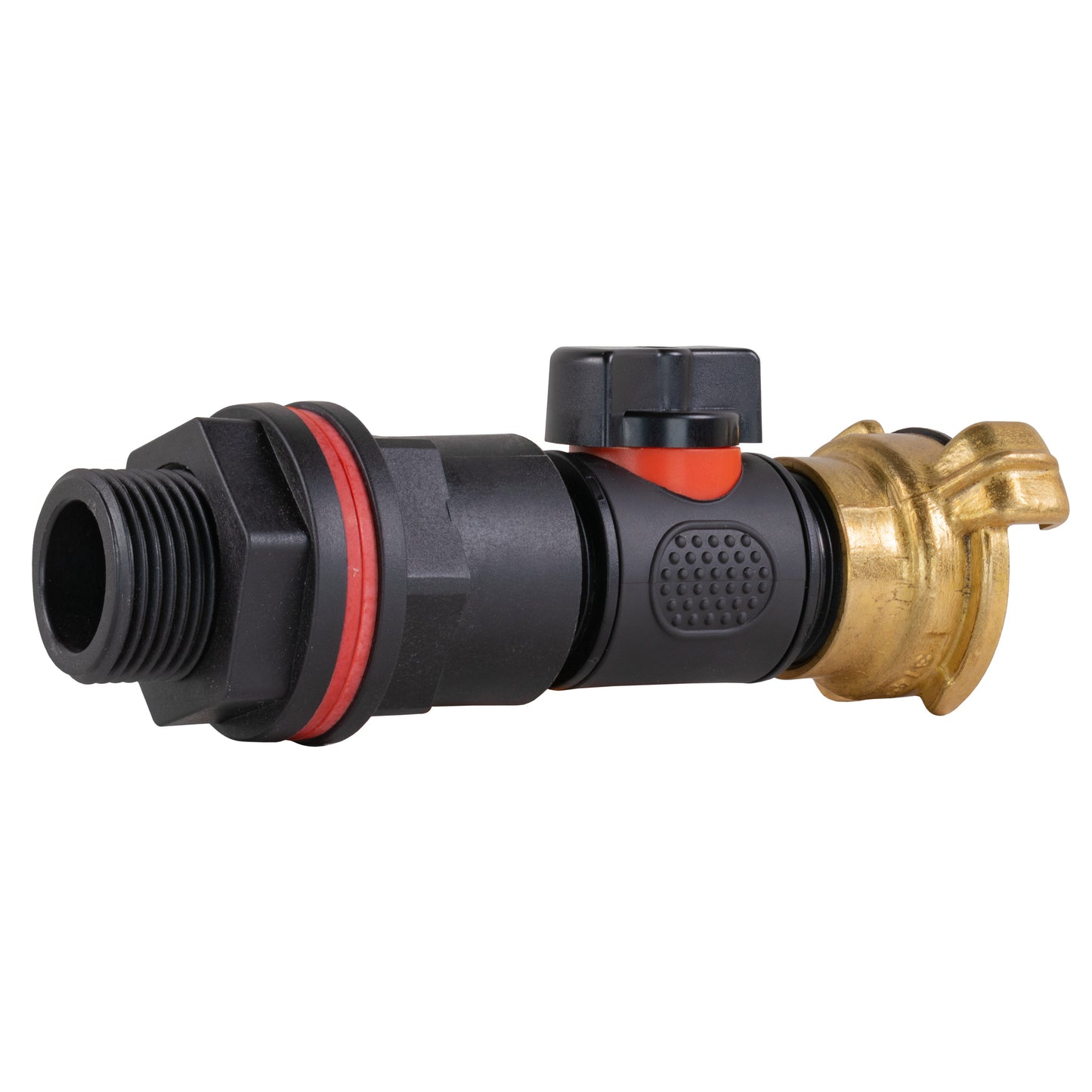 3/4" inline valve with red seal strip and brass Geka spigot, black connector