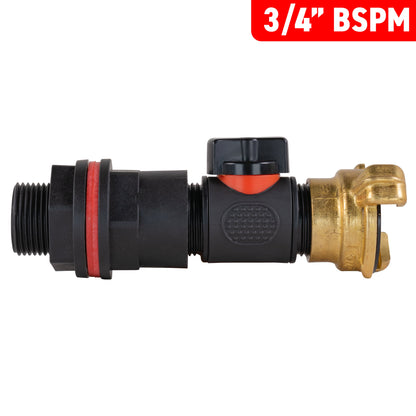 3/4" BSPM water butt kit with in-line valve, brass GEKA connector and black housing