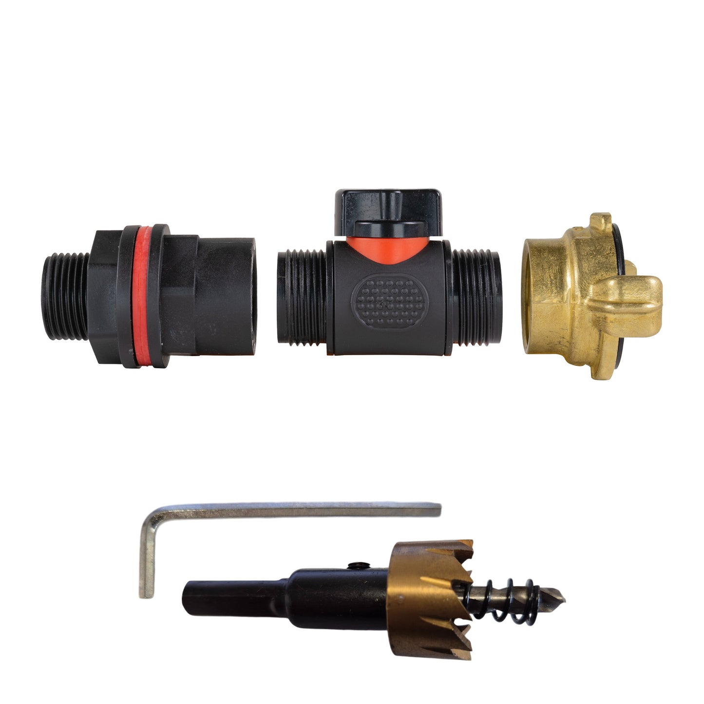 Water butt kit 3/4" inline valve with Geka connector and drill bit, black and brass