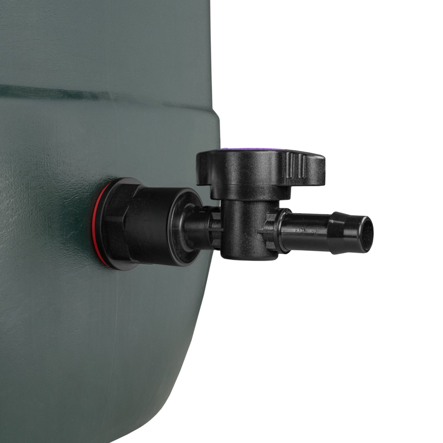 3/4 inch barb irrigation valve outlet, showing black housing and short hose spigot
