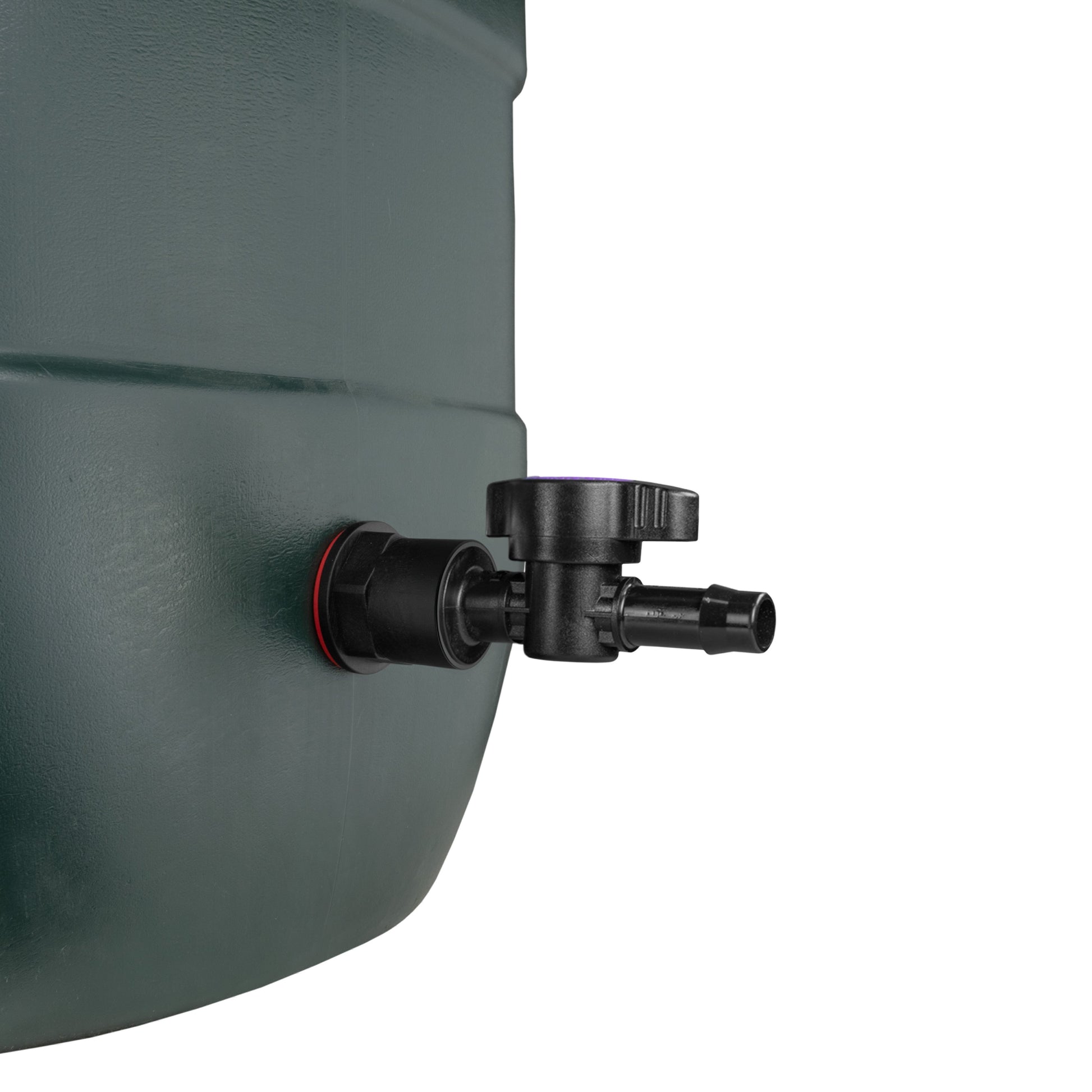 Barb irrigation valve mounted to tank port with red O-ring seal and black outlet