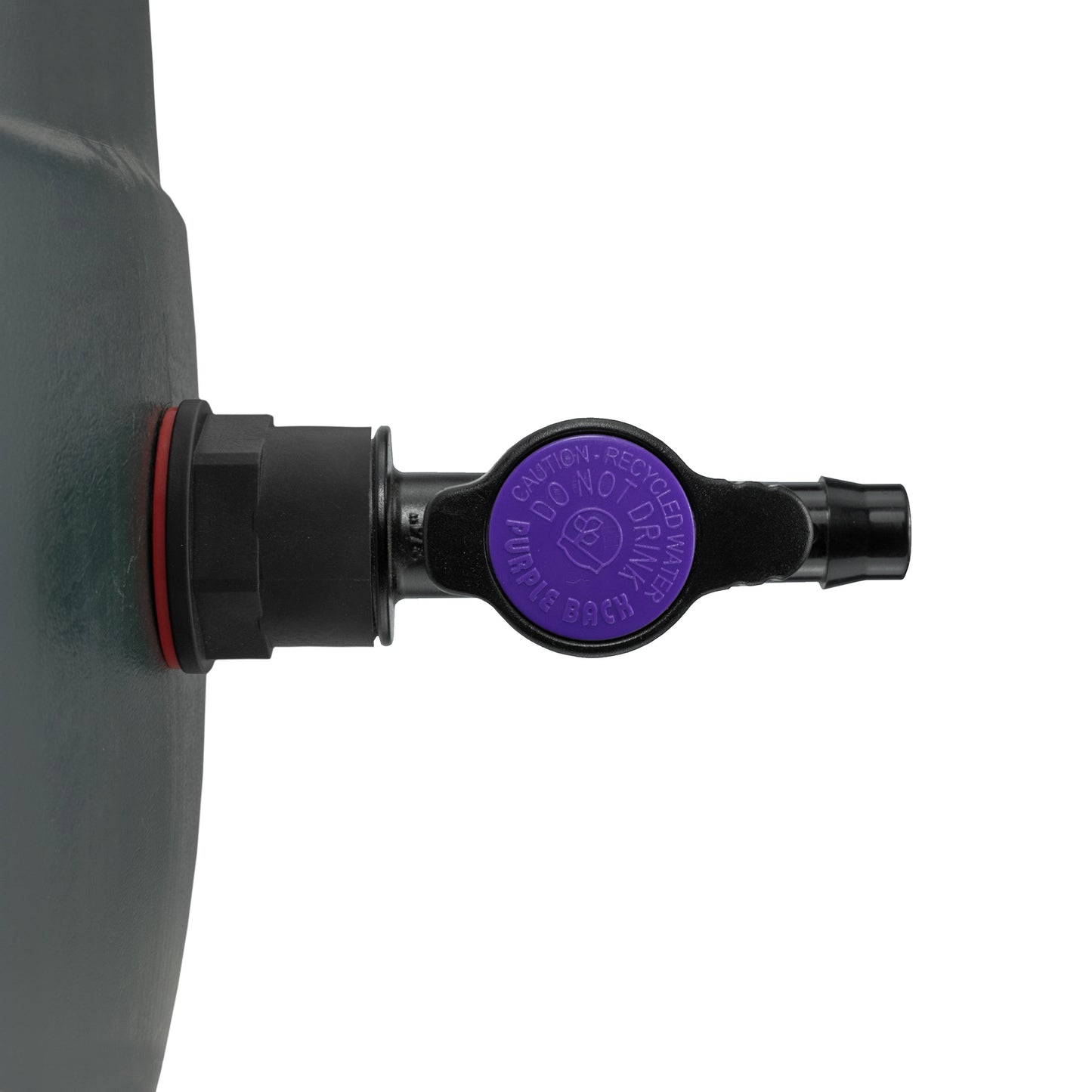 3/4 inch water butt inlet connector with purple control cap and black barb outlet