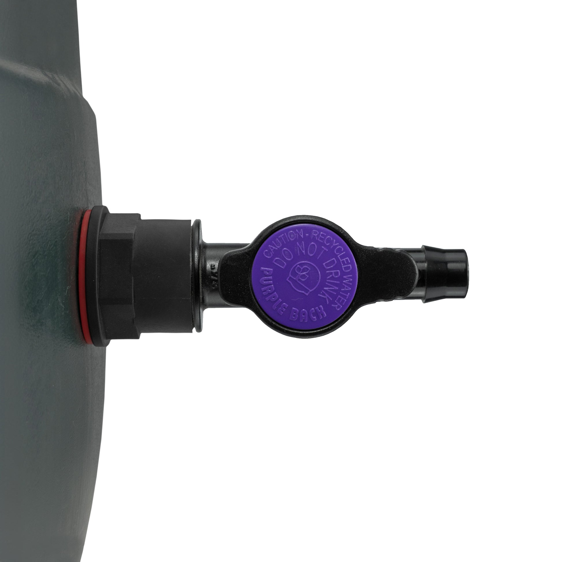 3/4 inch water butt inlet connector with purple control cap and black barb outlet