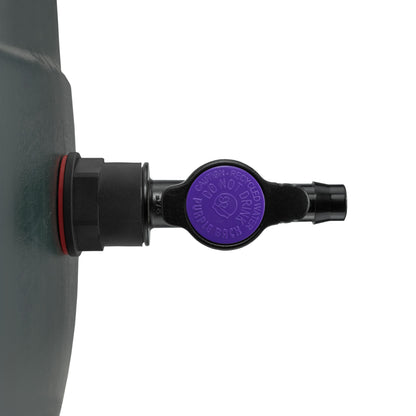 3/4 inch water butt inlet connector with purple control cap and black barb outlet