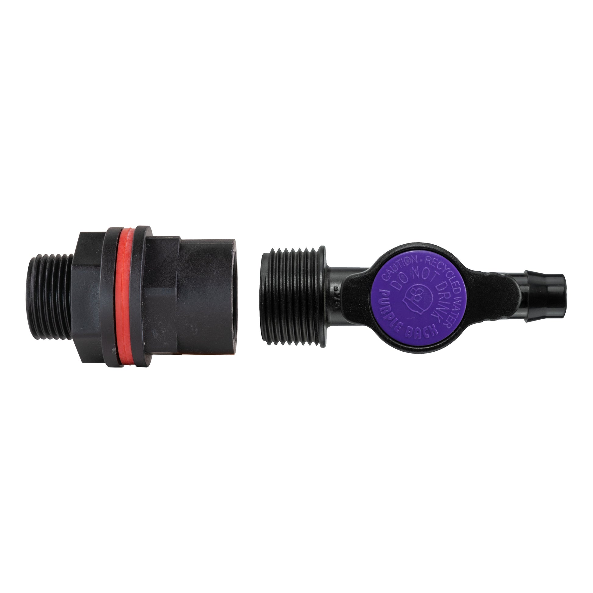 3/4 inch barbed irrigation valve with threaded inlet and purple caution label