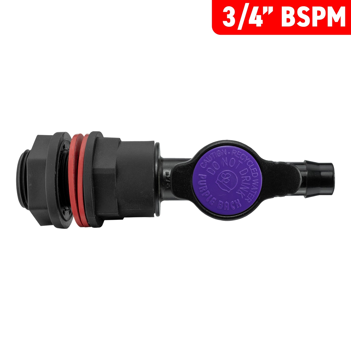 Water butt kit valve labeled 3/4" BSPM, purple cap and black barbed outlet