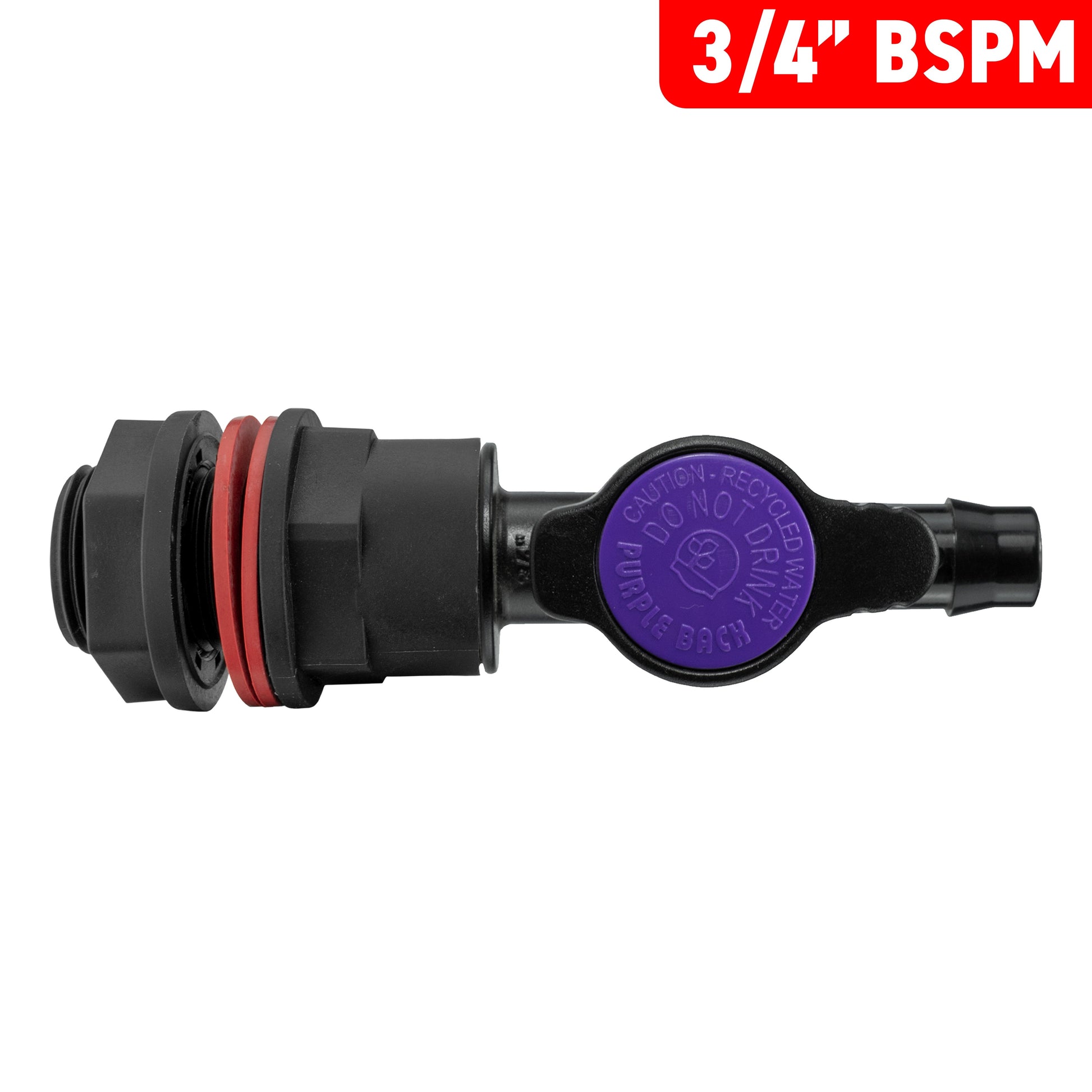 Water butt kit valve labeled 3/4" BSPM, purple cap and black barbed outlet