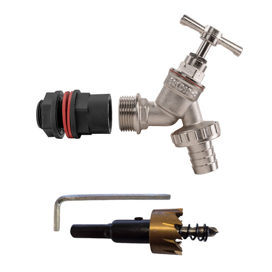 Water butt tap kit: 3/4" nickel-plated brass tap with drill bit and adapter