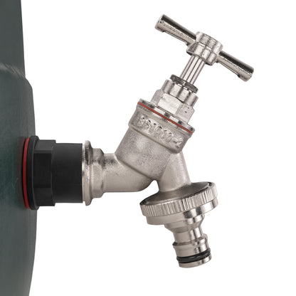 Nickel-plated water butt quick-connect tap head with black quick-connect hose fitting