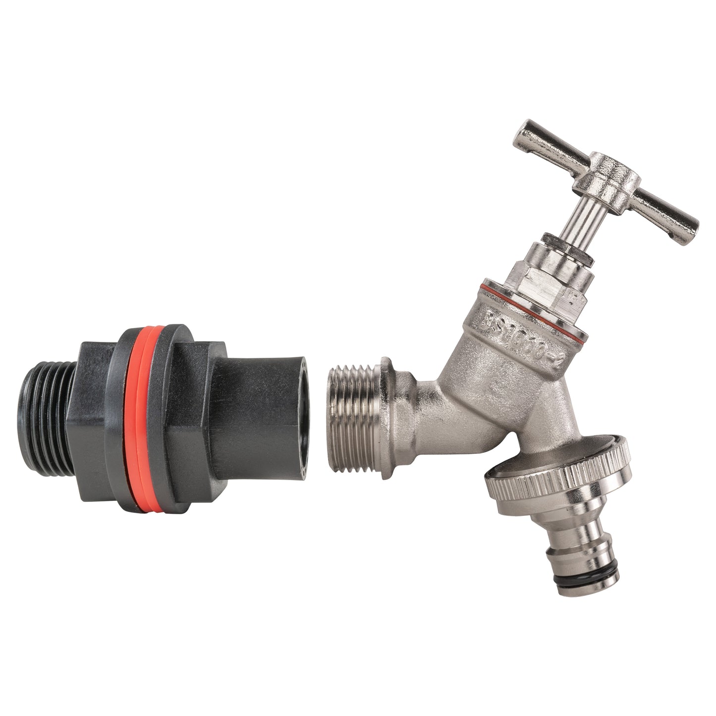 Water butt quick-connect tap assembly with nickel-plated valve and 3/4" adaptor fitting