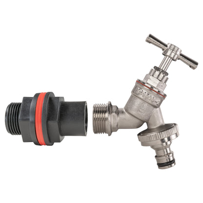 Water butt quick-connect tap assembly with nickel-plated valve and 3/4" adaptor fitting