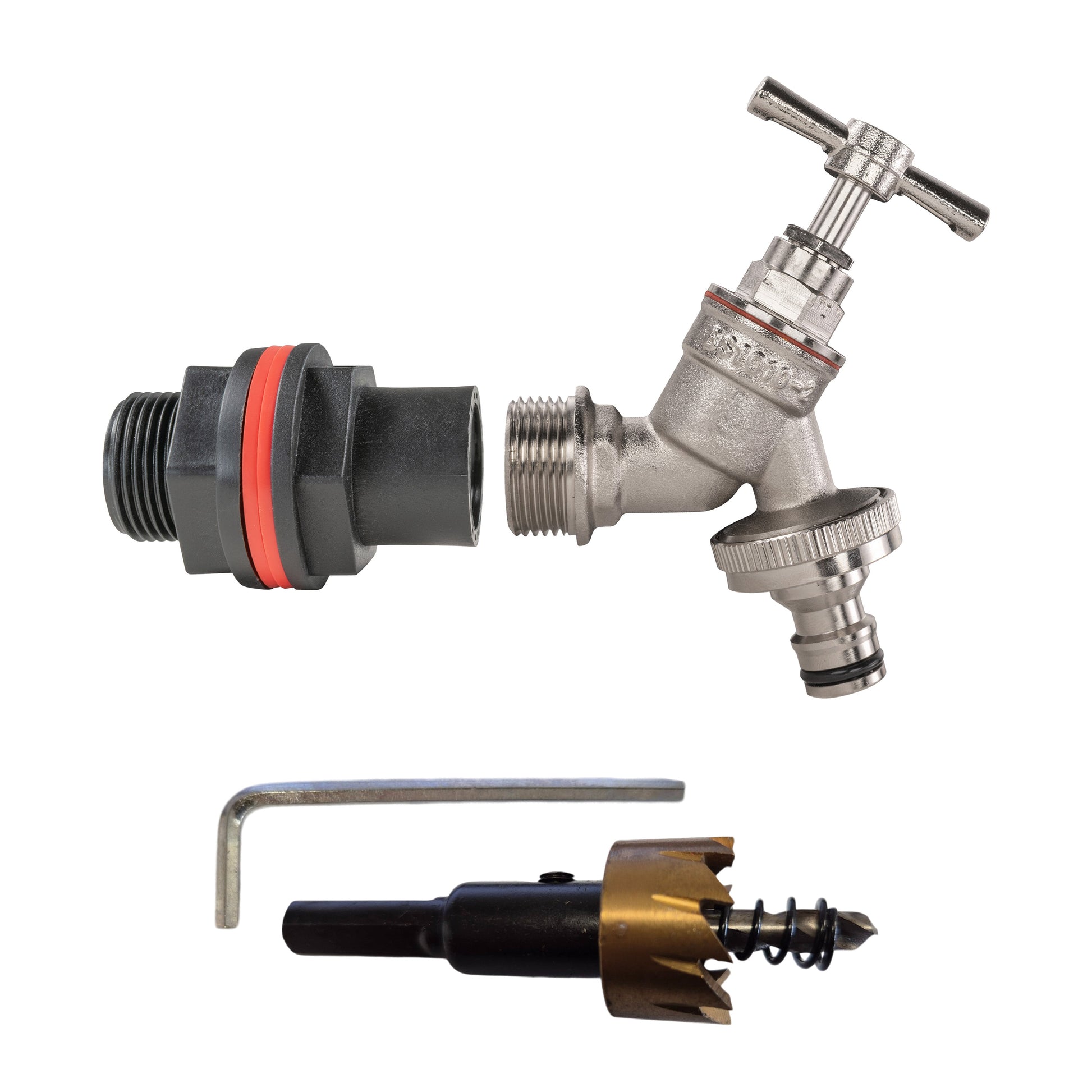 Water butt tap kit: nickel-plated quick-connect valve with 3/4" BSPM adaptor and drill bit