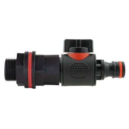 Water butt kit 3/4" inline quick connector valve, black body with red pull seal