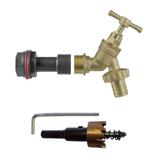 Water butt extension kit: 1/2" BSP brass tap with barbed connector and drill bit