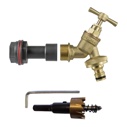 Water Butt Extension Kit 1/2" BSP: brass quick-connect tap and black connector hose piece