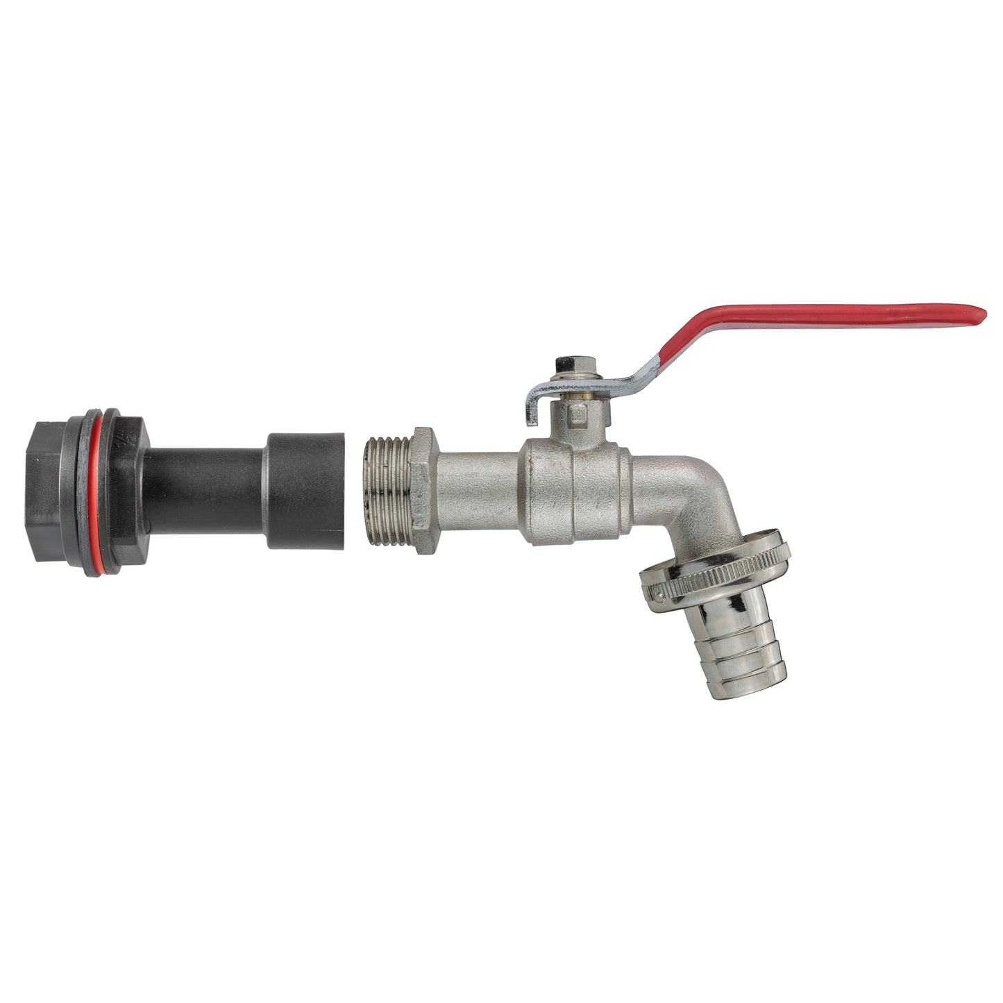 Water butt extension kit with barbed hose end and lever tap spout