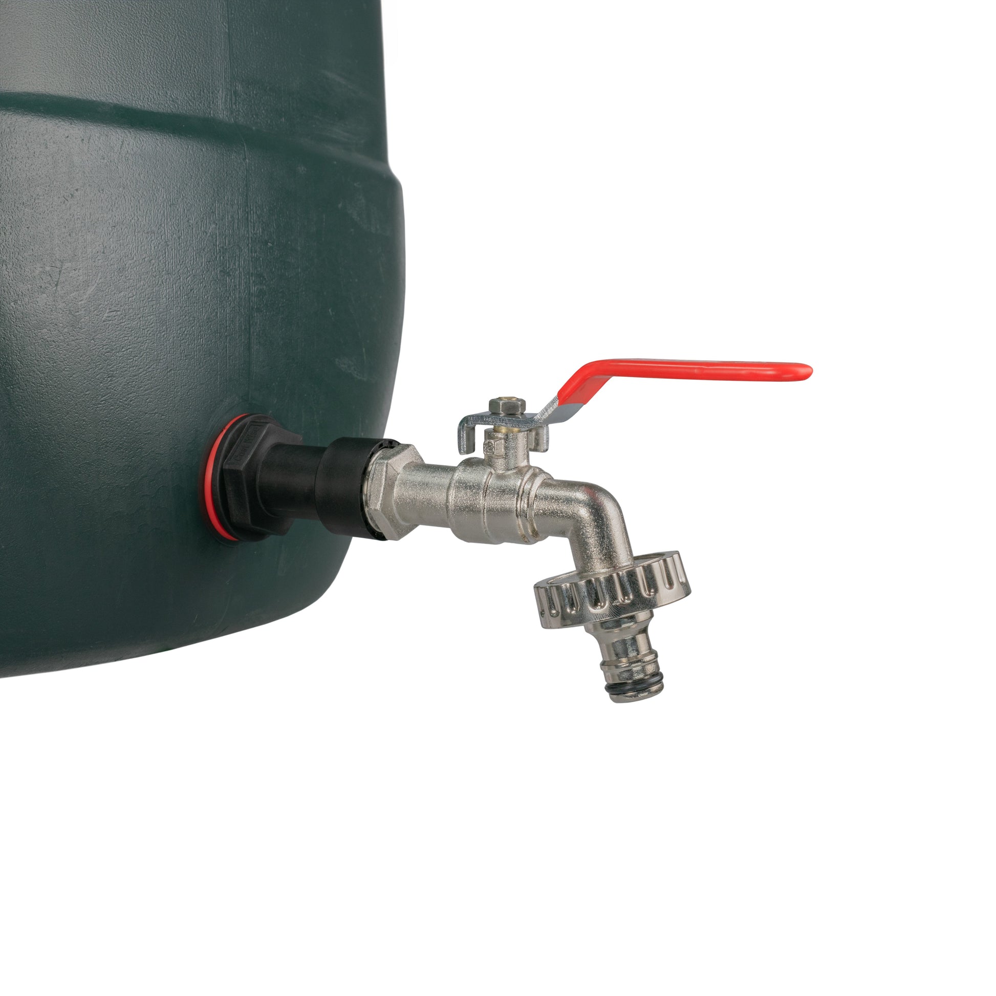Quick-connect lever tap with red handle, connected to water butt outlet
