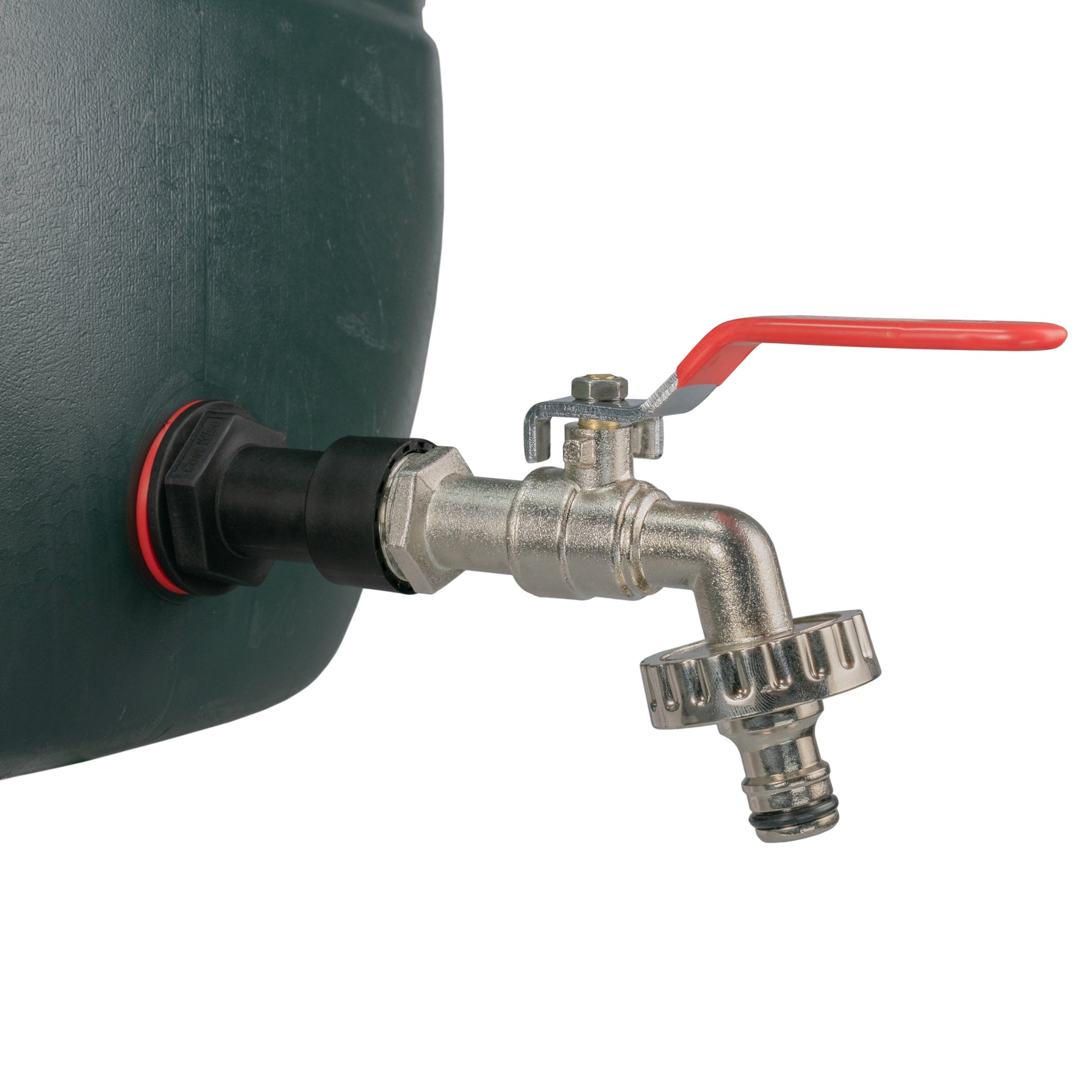 Lever tap with red handle and ribbed spout, mounted on water butt outlet