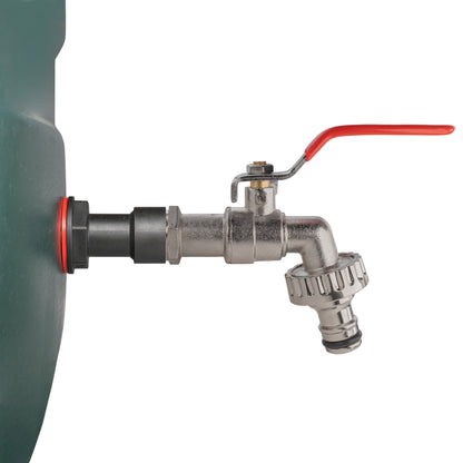Water butt extension kit tap with red lever and black quick-connect fitting