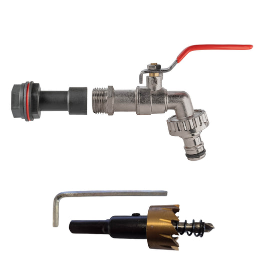 Water butt extension kit tap with quick-connect lever and 1/2" connector
