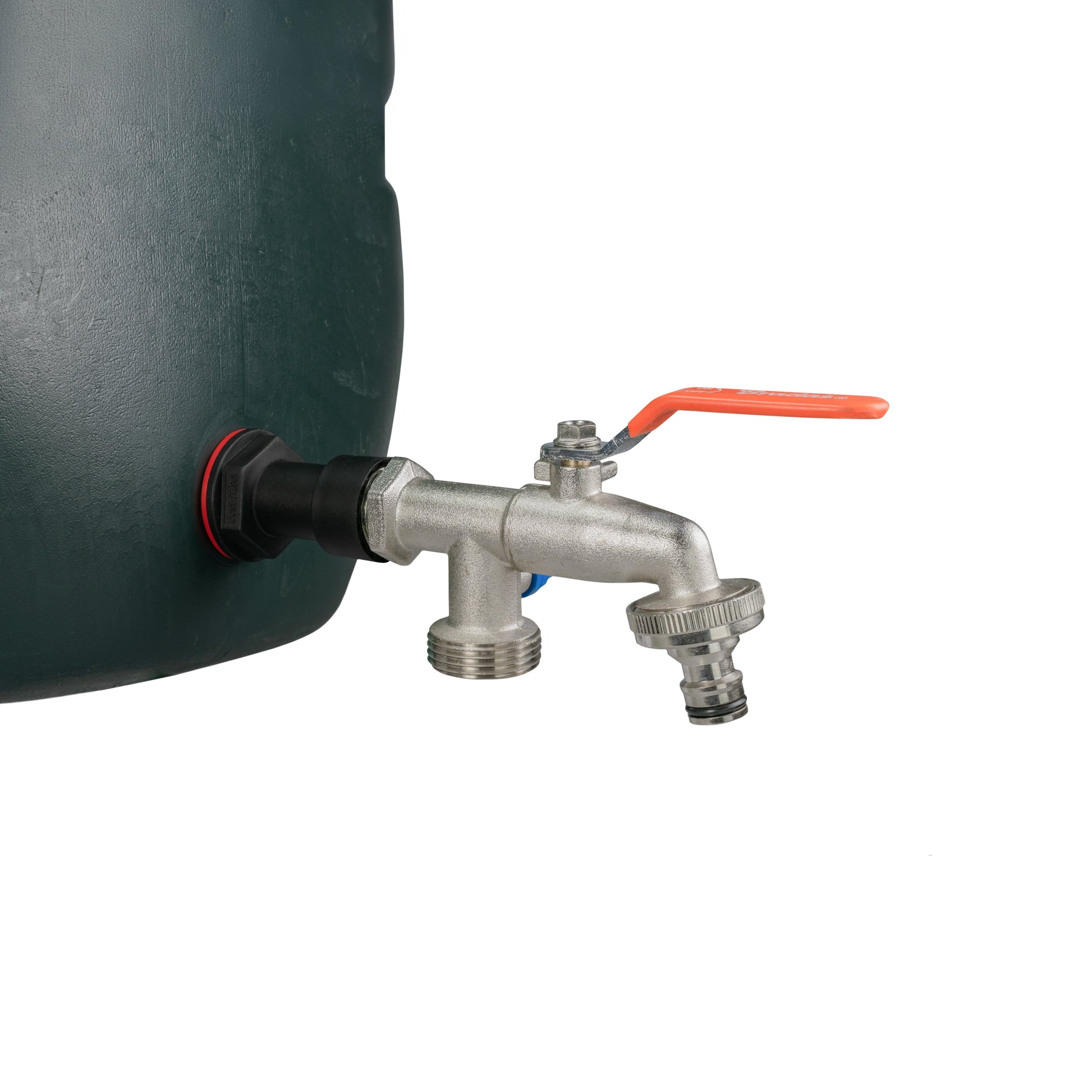 1/2" BSPM water butt tap adapter with red lever handle and dual outlet fittings