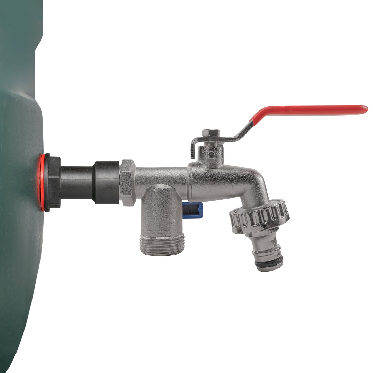 Water butt extension kit double tap, metal valve body with red handle and black connector