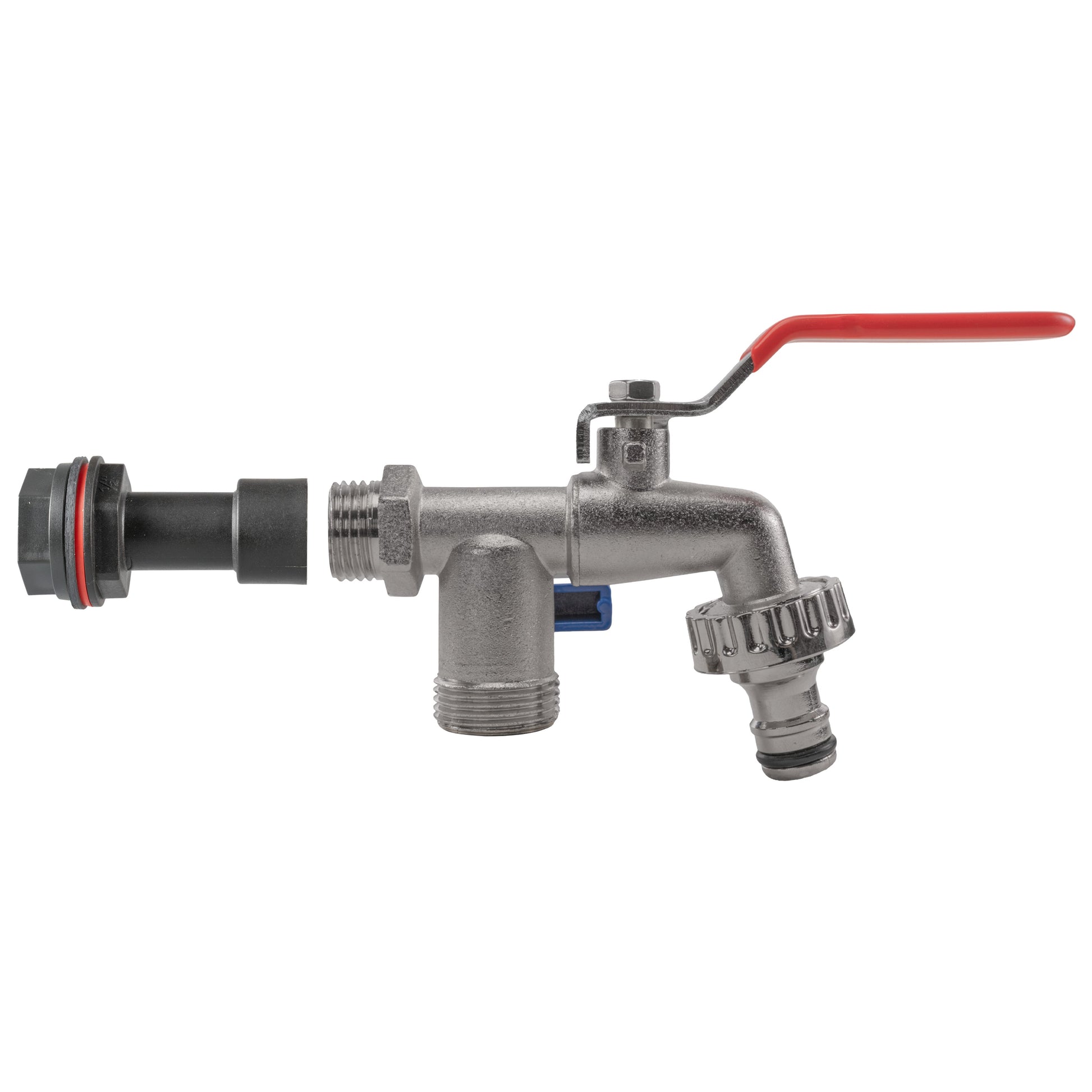 Water butt extension kit, twin-tap valve with red handle and threaded connections