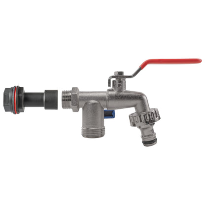 Water butt extension kit, twin-tap valve with red handle and threaded connections
