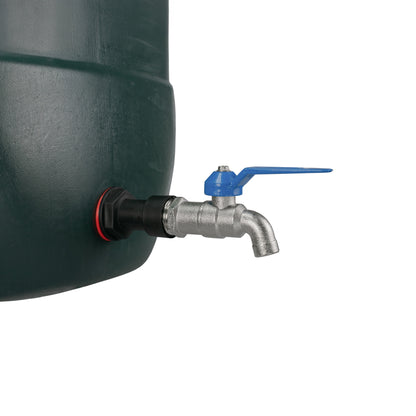 Lever tap extension fitted to water butt outlet; blue lever and silver valve body