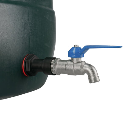 Water butt tap outlet with blue lever, grey valve body and threaded connection