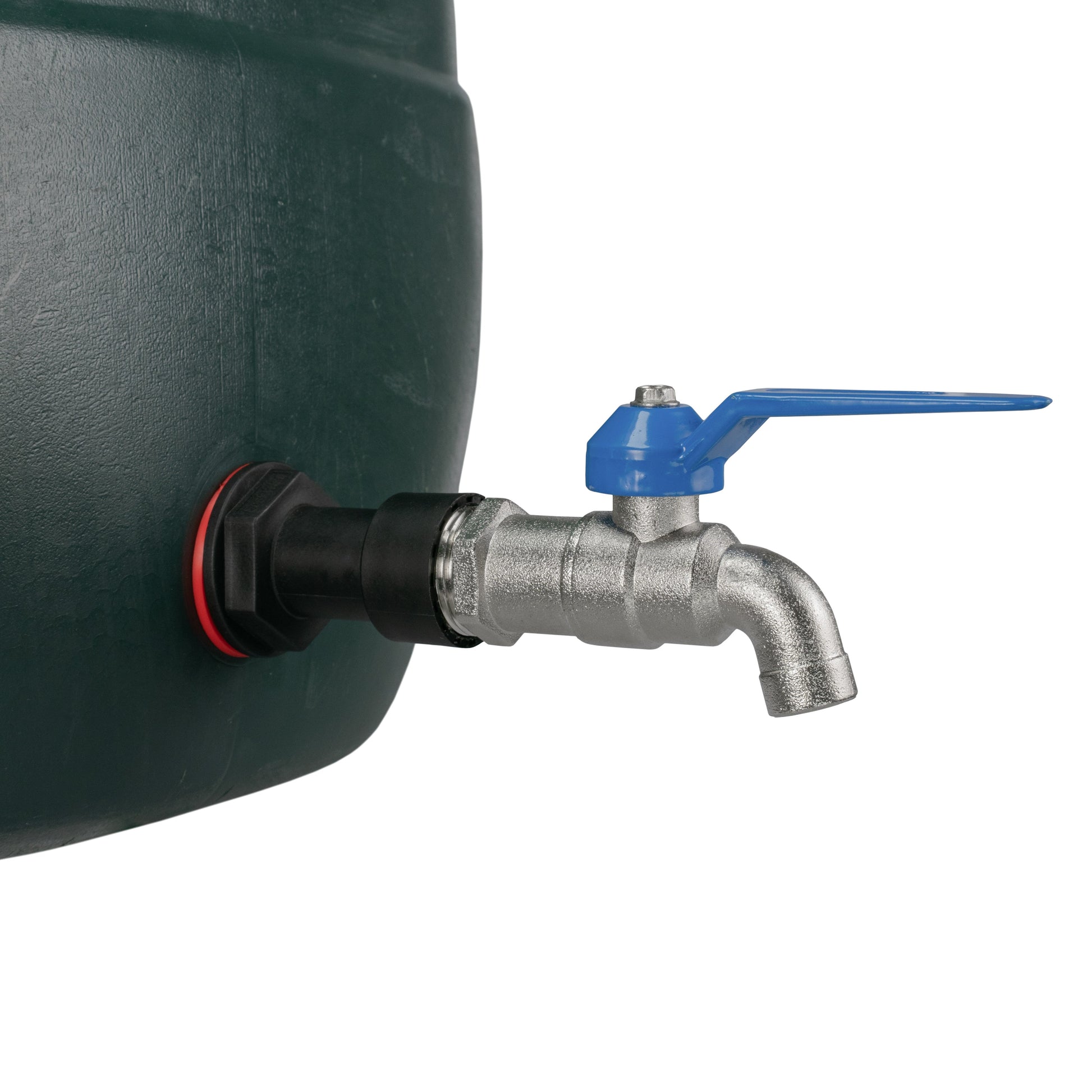 Water butt outlet tap with blue lever handle and angled silver spout