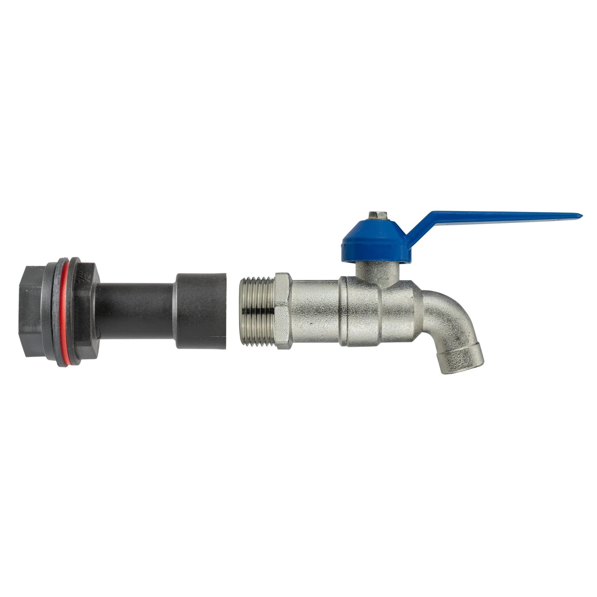 Water butt extension kit showing 1/2" BSPM connector, grey valve and blue lever