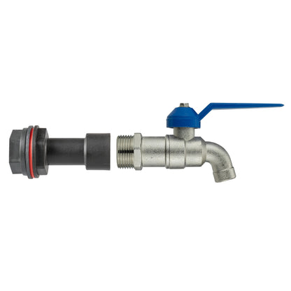 Water butt extension kit showing 1/2" BSPM connector, grey valve and blue lever